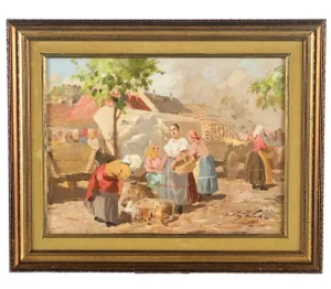 Gyula Nemeth -Women at an Outdoor Market- Hungarian Oil Painting C.1910