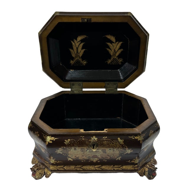 Antique Louis XV Chinese Gilt Lacquerware Tea Caddy Box W/Carved Dragon Feet For Sale - Image 9 of 12