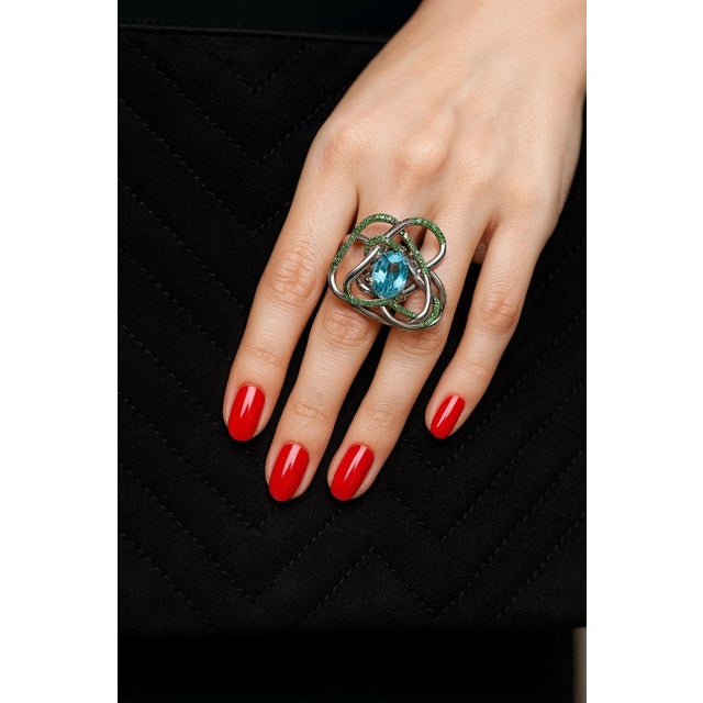 Late 20th Century Bochic “Orient” Vintage Blue Topaz & Emeralds Ring Set 18K Gold & Silver For Sale - Image 5 of 8
