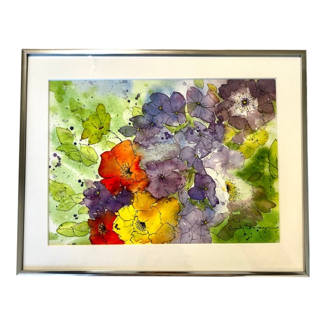Framed Original Watercolor Painting “Iceland Poppies and Sweet Peas” For Sale