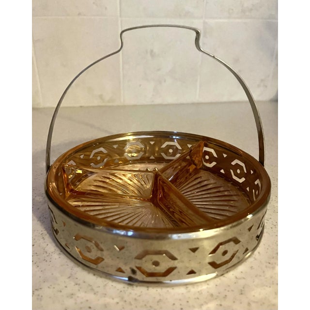 Metal 1930s Vintage Pink Depression Glass Divided Tray With Metal Handle for Hors D'oeuvres, Relish Dish or as a Candy Dish For Sale - Image 7 of 12