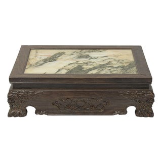 Rectangular Dream Stone Inlaid Rosewood Foo Dog Lions Motif Display Stand For Sale