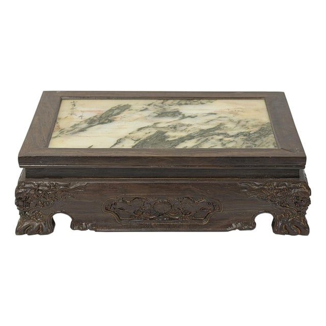 Rectangular Dream Stone Inlaid Rosewood Foo Dog Lions Motif Display Stand For Sale