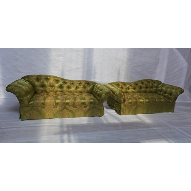 Pair of Custom Curved Back Tufted Damask Sofas Includes Additional Silk Velvet Slipcovers Victorian-style chesterfield...