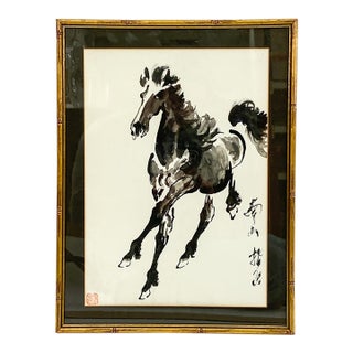 Vintage Original Japanese Galloping Horse Ink Wash Painting For Sale