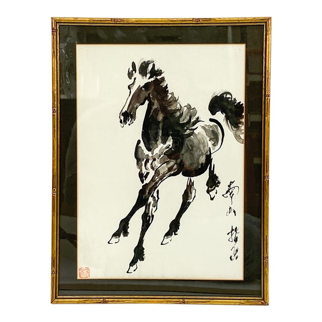 Vintage Original Japanese Galloping Horse Ink Wash Painting For Sale