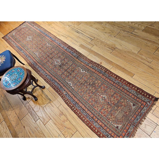 Camel Antique Persian Serab Camel Hair Runner Rug, Hand-Knotted Wool, Geometric Pattern, Red & Green, 3x13 For Sale - Image 8 of 17
