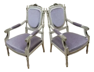 Antique Victorian Carved Ornate Chairs Newly Reupholstered in Lilac Italian Mohair - Pair