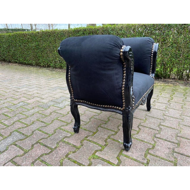 Late 20th French Louis XVI Black Beech Velvet Bench For Sale - Image 6 of 7