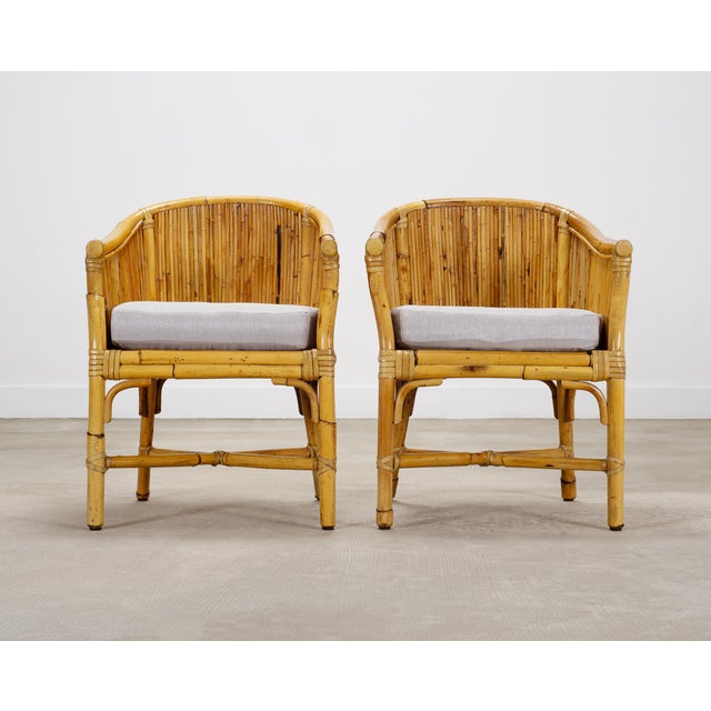 Mid 20th Century Set of Four McGuire Barrel Back Rattan Bamboo Dining Armchairs For Sale - Image 5 of 18