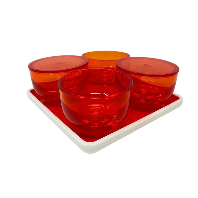 Vintage Leifheit Orange Tray with 4 Lucite Bowls a Set of 7. Bowls set on top of raised tray pegs to control slipping. Two...