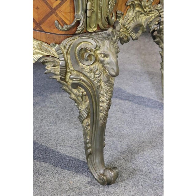 Wood Monumental Grand Inlaid Bronze Mounted French Louis XV Style Marble Top Commode For Sale - Image 7 of 9