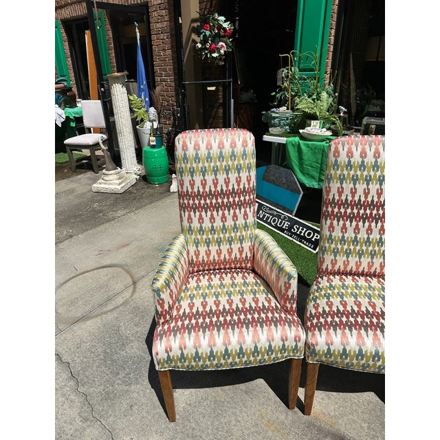 Modern 1970s Collection of Colorful Patterned Dining Chairs- Set of 6 With 2 Captains Chairs For Sale - Image 3 of 11