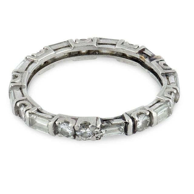 Contemporary Vintage Mixed Cut Diamond 18k White Gold Eternity Band, Size 5 For Sale - Image 3 of 4