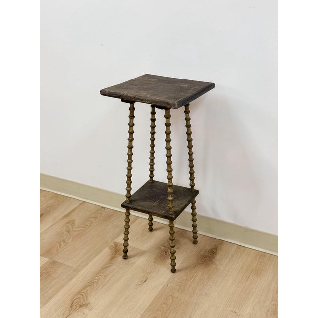 Wood Petite Antique Spool Leg Side Table Two Tier Plant Stand, Pedestal, Wooden Top For Sale - Image 7 of 14
