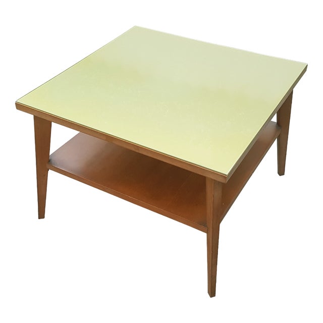 Vintage Italian Teak Wood & Green Glass Coffee Table, 1960s For Sale