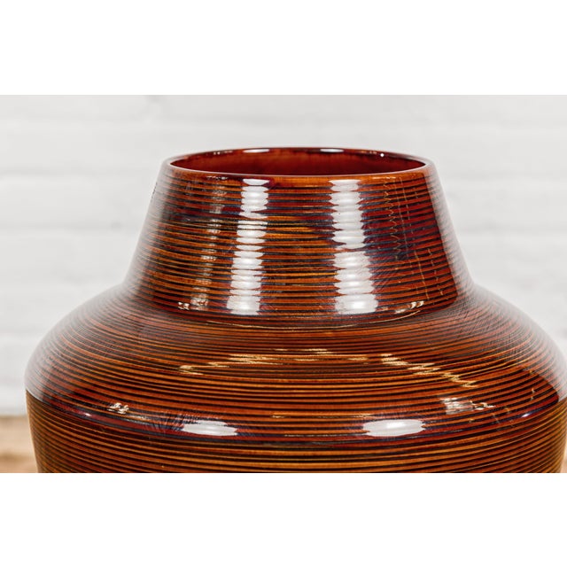 Contemporary Artisan Brown Glaze Vase with Black Concentric Motifs and Tapering Lines For Sale - Image 3 of 12