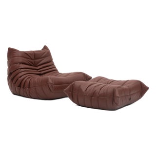 Togo Fireside Chair and Ottoman in Italian Chestnut Leather Vintage Ligne Roset For Sale