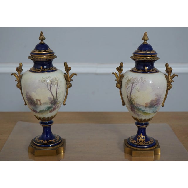 Pair Sevres Vintage Porcelain Decorated Lidded Urns For Sale - Image 4 of 12