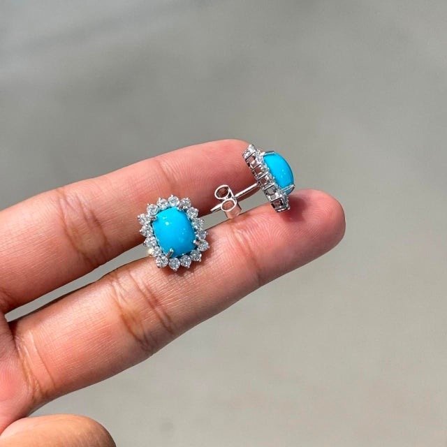Not Yet Made - Made To Order Vintage Inspired 14k Gold 3.88ct Turquoise & Diamond Stud Earrings- A Pair For Sale - Image 5 of 14