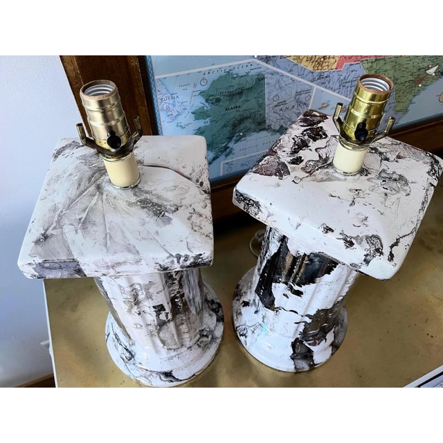 1970s Marbled Column Lamps & Shades - A Pair For Sale - Image 13 of 15