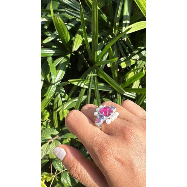 Set in 18k Gold, Tourmaline, Multi Sapphires, Freshwater Pearls & Diamonds Ring, Size 6 For Sale - Image 6 of 10