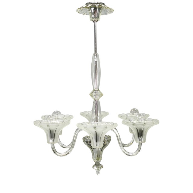 Art Deco Six-Arm Glass Chandelier, Czechoslovakia, 1930s For Sale