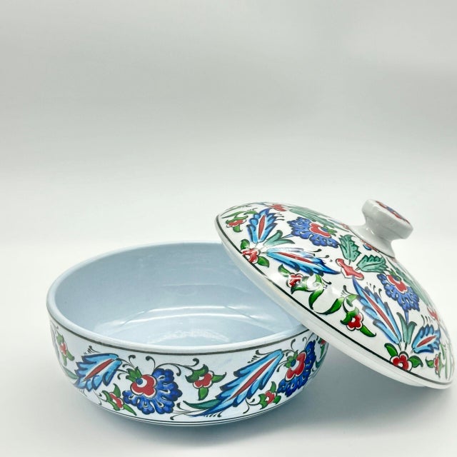 Ceramic Handmade Ceramic Lidded Bowl (16cm) Blue and Red Spring Flowers Flat Top Finial For Sale - Image 7 of 9