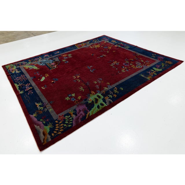 1920s 8 X 10 Antique Handmade Chinese Art Deco Wool Rug in Red With Traditional Design For Sale - Image 5 of 12