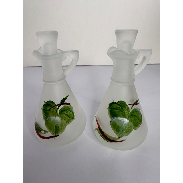 1950s Vintage Frosted Glass Salad Set With Hand Painted Leaves – Bowl, Oil & Vinegar, Salt & Pepper - 5 pcs For Sale - Image 5 of 17