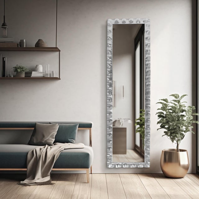 La Bailadora Bright Silver Ruffled Metal Dressing Mirror For Sale - Image 9 of 11