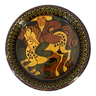 Folk Art Man Horse Dog Decorative Wall Plate, Signed For Sale