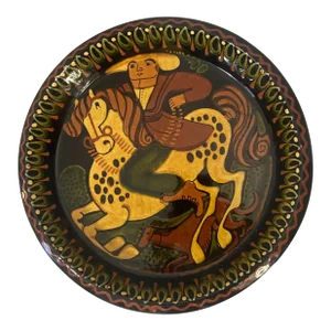 Folk Art Man Horse Dog Decorative Wall Plate, Signed
