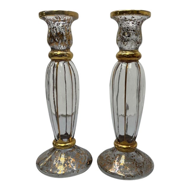 Pair of Vintage Cristallerie Italian Candle Holders Made of Hand Blown Art Glass With Gold Leaf For Sale