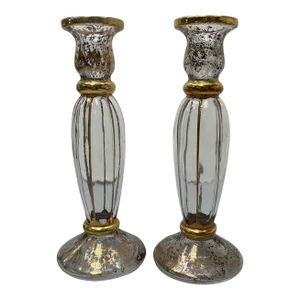 Pair of Vintage Cristallerie Italian Candle Holders Made of Hand Blown Art Glass With Gold Leaf