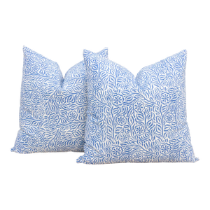 Jodhpur Garden, Blue & White Floral Block Print Pillows, Pair