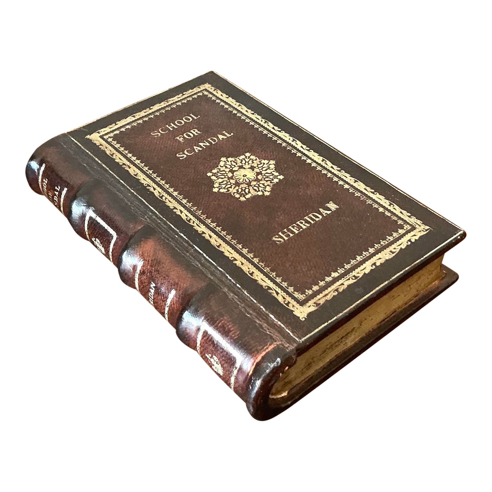 Vintage Boho Leather Bound “School for Scandal” Book Box | Chairish