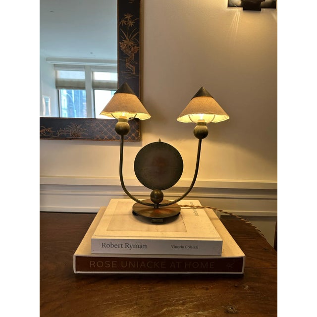 Lovely Marc Erol French deco table lamp with canvas shades circa 1930s. Twisted tan 9.5' cord wired for US outlet.