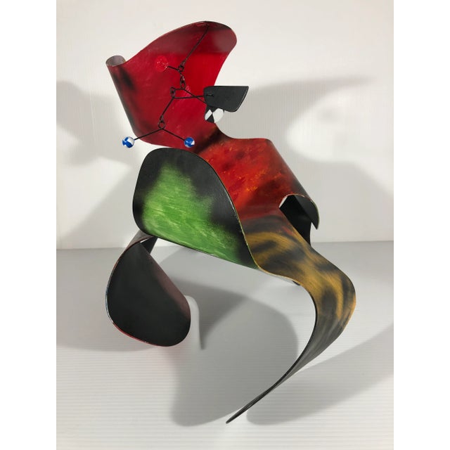 Superb contemporary metal desk or table sculpture with hanging mobile by artist Jon Krawzcynk, 1995. Signed and dated.