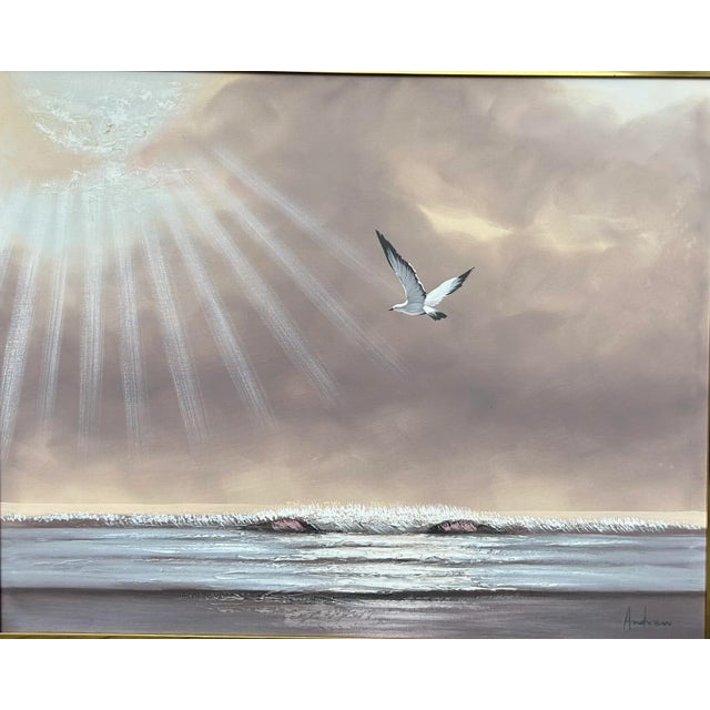 Beautiful, sublime, 1960’s oil painting on canvas of a seagull flying over the beach. Signed “Andrew” to the lower right...