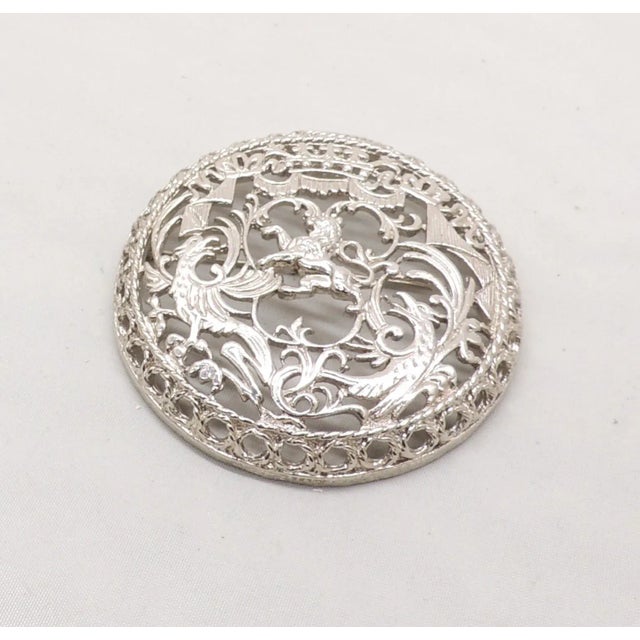 Mid-Century Modern Vintage Signed Napier Round Rhodium Plated Openwork Coat of Arms Brooch For Sale - Image 3 of 7