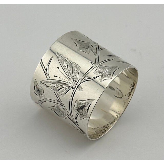Antique American Hand Engraved Christmas 1882 Sterling Silver Owl & Butterfly Napkin Ring for "Alfred" For Sale - Image 9 of 17