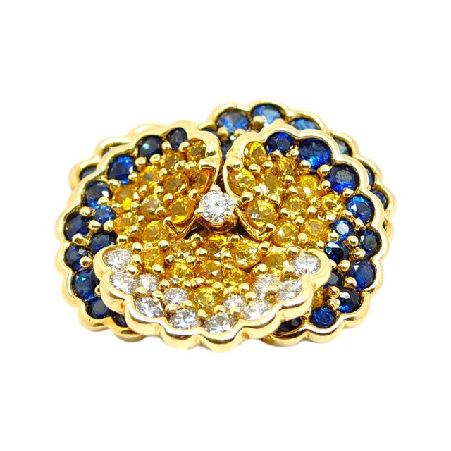 Contemporary 1990s Jean Vitau 18k Yellow Gold Sapphire and Diamond Pansy Brooch For Sale - Image 3 of 9
