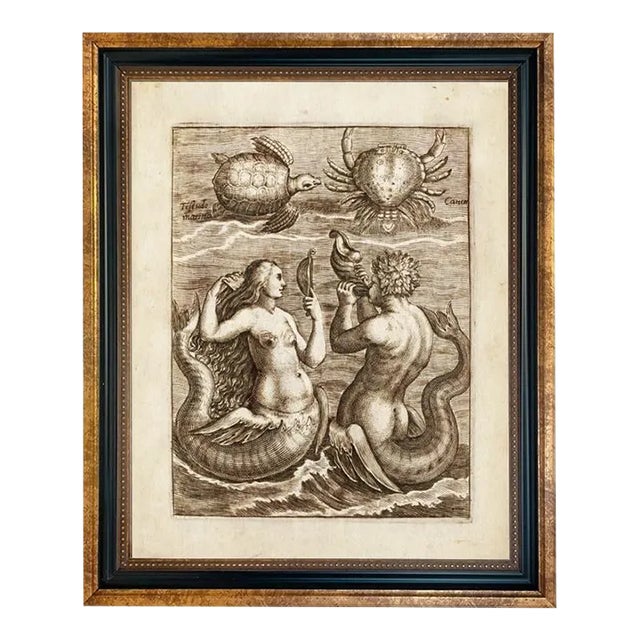 Mermaid & Merman Nautical Illustration 8" X 10" Framed Reproduction Print Behind Glass For Sale