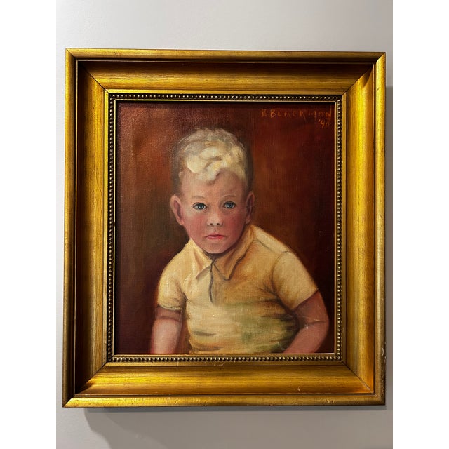 Vintage 1940 Original Oil Painting Portrait of Boy Signed R. Blackmon, Original Gilt Frame Child Portrait For Sale - Image 4 of 11