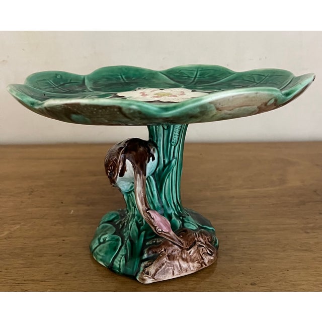 Ceramic Antique Pond Lily, Heron Centerpiece Stand / Compote, C. 1880's For Sale - Image 7 of 10