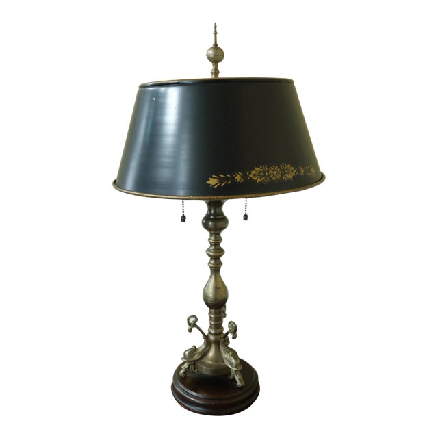 1990s Brass Dolphin Design Table Lamp W/ Toleware Shade For Sale