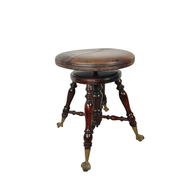 Early 20th Century Antique Victorian Style Adjustable Piano Stool With Glass Ball-and-Claw Feet For Sale - Image 5 of 16
