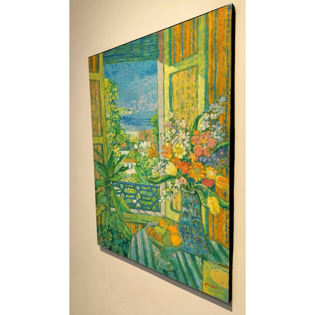 Lovely Neo-impressionist floral window scene by listed Scottish artist, William Grimaud. Bright composition in greens,...