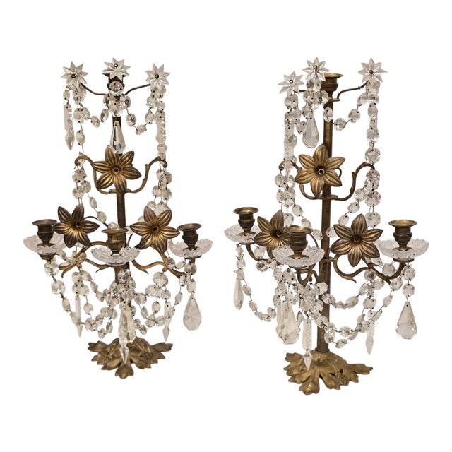 Pair of 1950s French Regency Style Gilt and Crystal Girandole For Sale